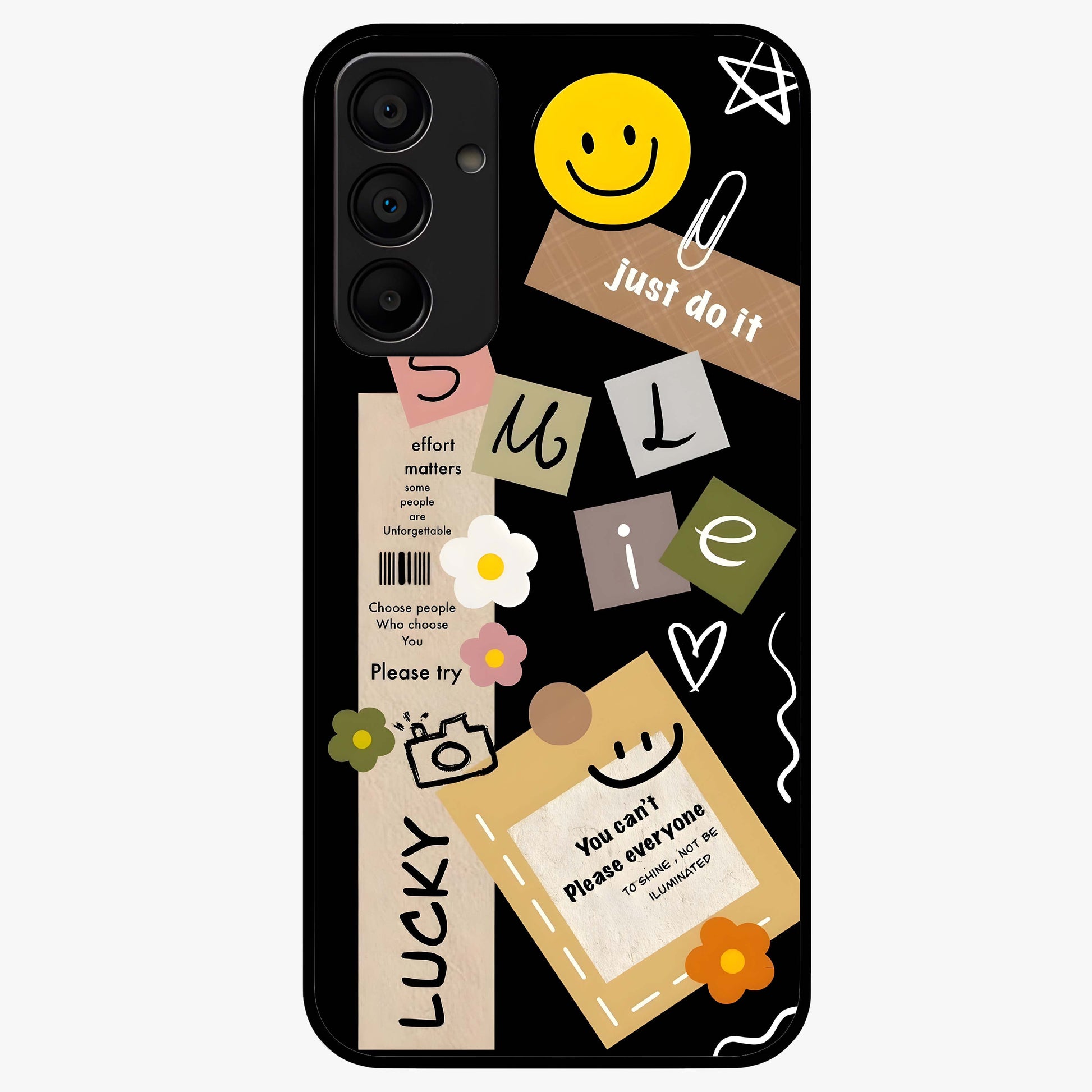 Lucky Aesthetic Collage Glass Case showing flat back view with trendy aesthetic collage artwork and glossy glass finish.