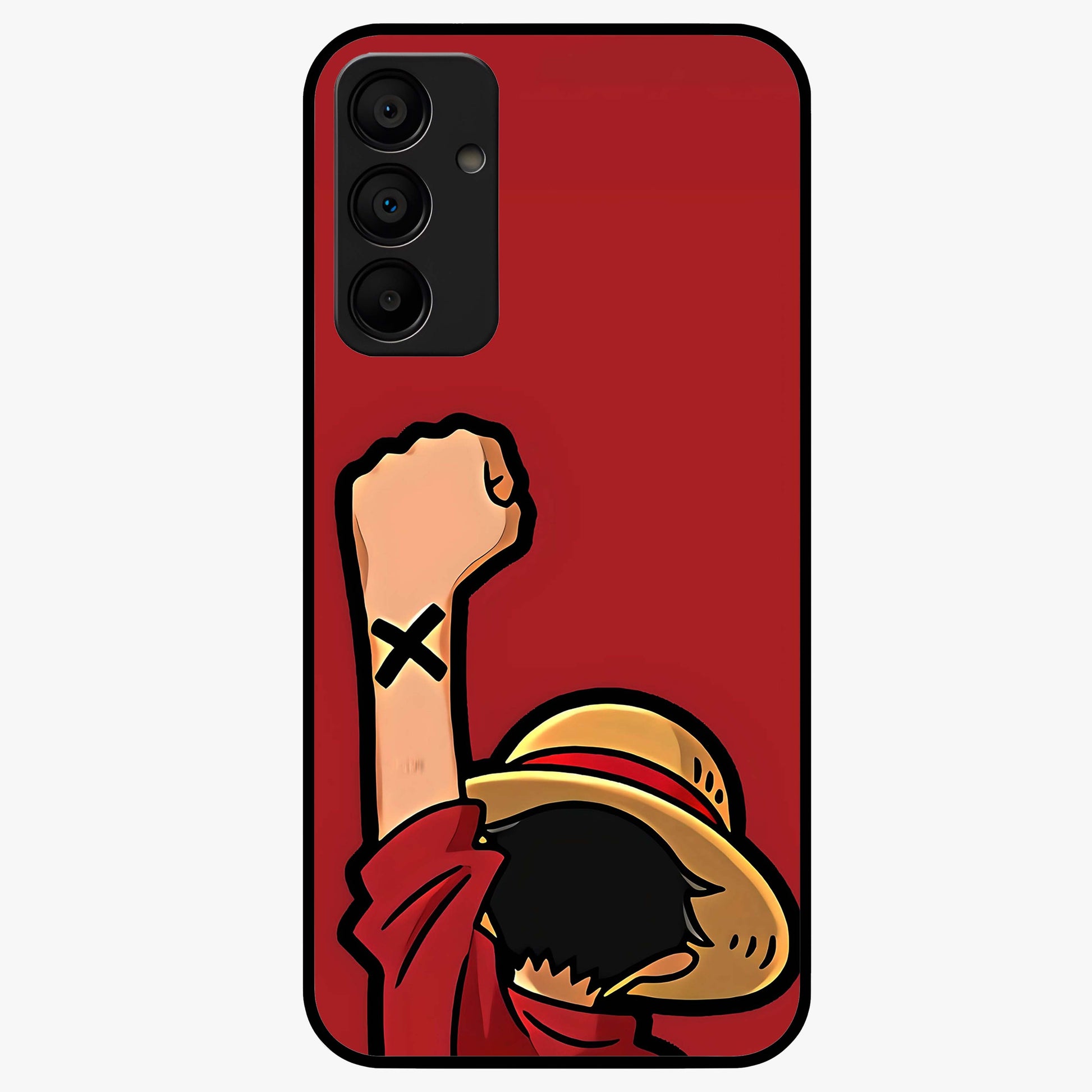 Luffy X Spirit Glass Case showing flat back view with bold anime character artwork and glossy glass finish.