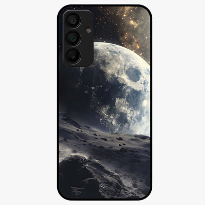 Lunar Horizon Glow Glass Case showing flat back view with glowing moon horizon artwork and glossy glass finish.