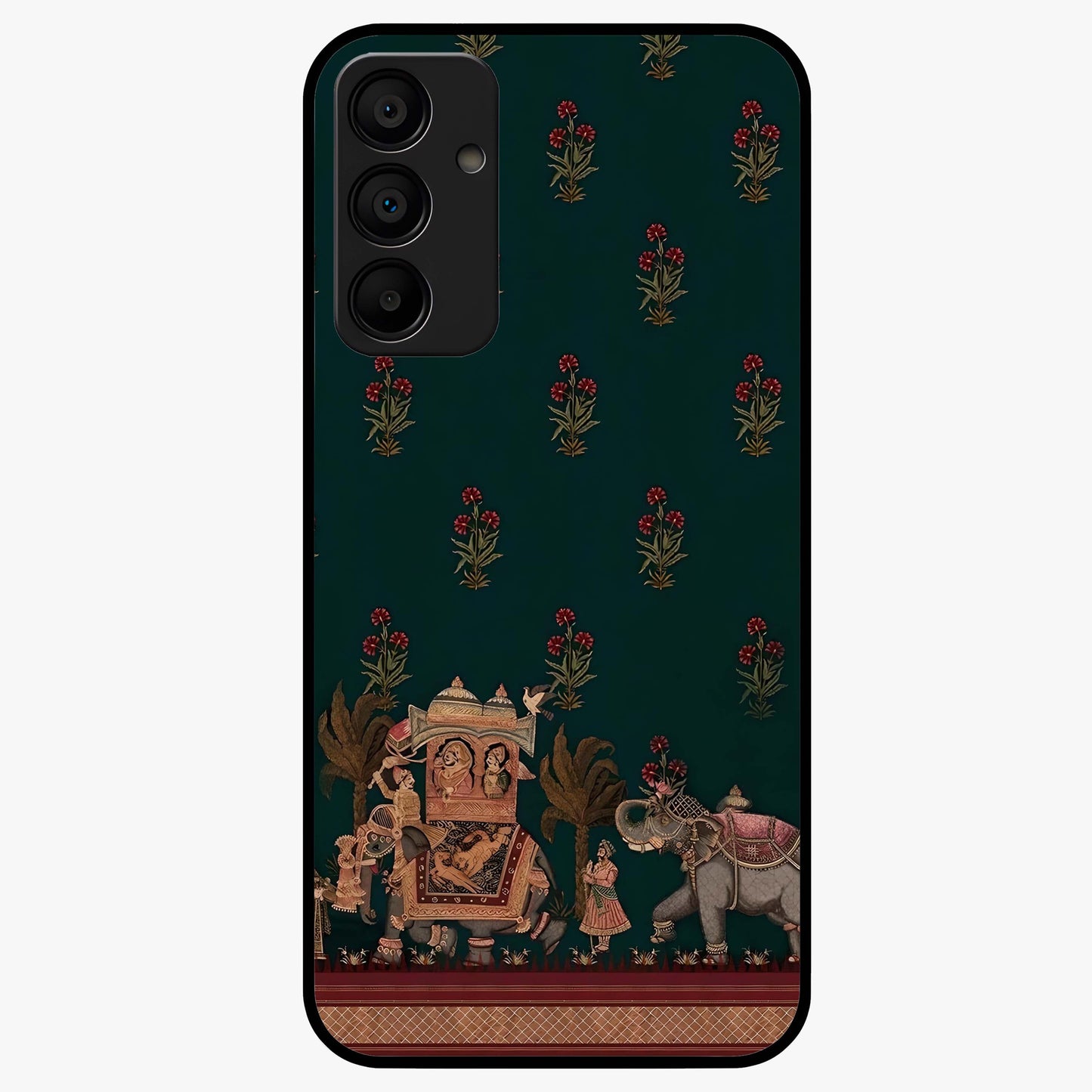 Macmerise Glass Case showing flat back view with stylish modern artwork and glossy glass finish.