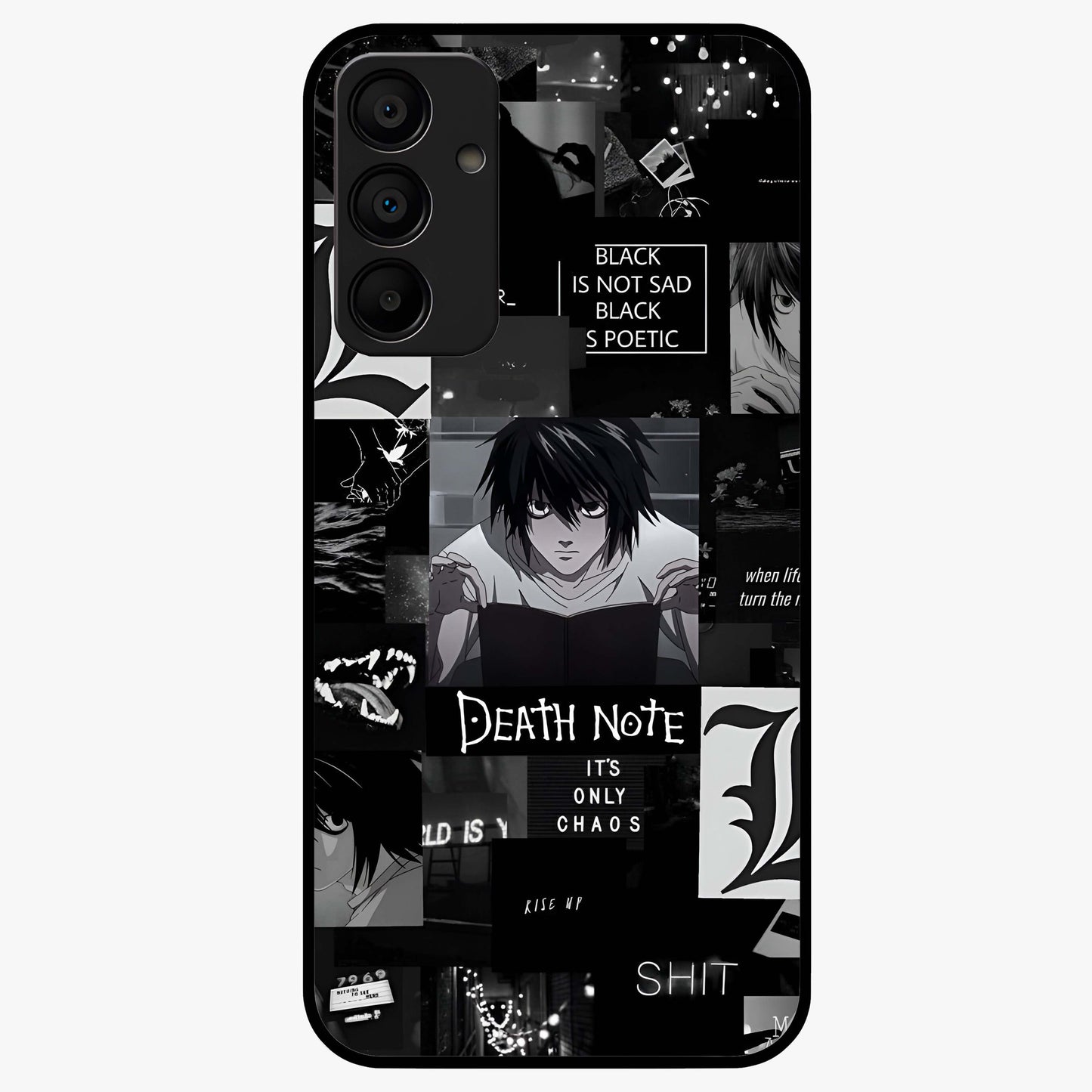 Midnight Chaos Mind Glass Case showing flat back view with abstract dark themed artwork and glossy glass finish.