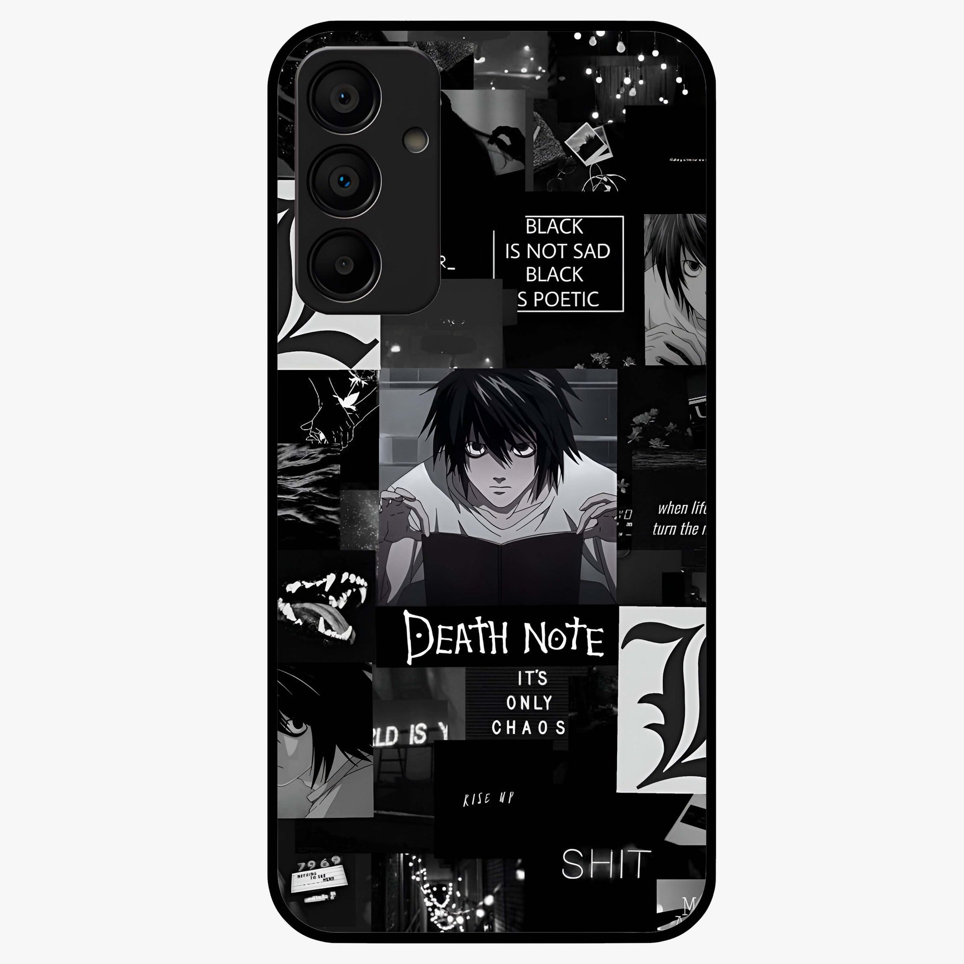 Midnight Chaos Mind Glass Case showing flat back view with abstract dark themed artwork and glossy glass finish.