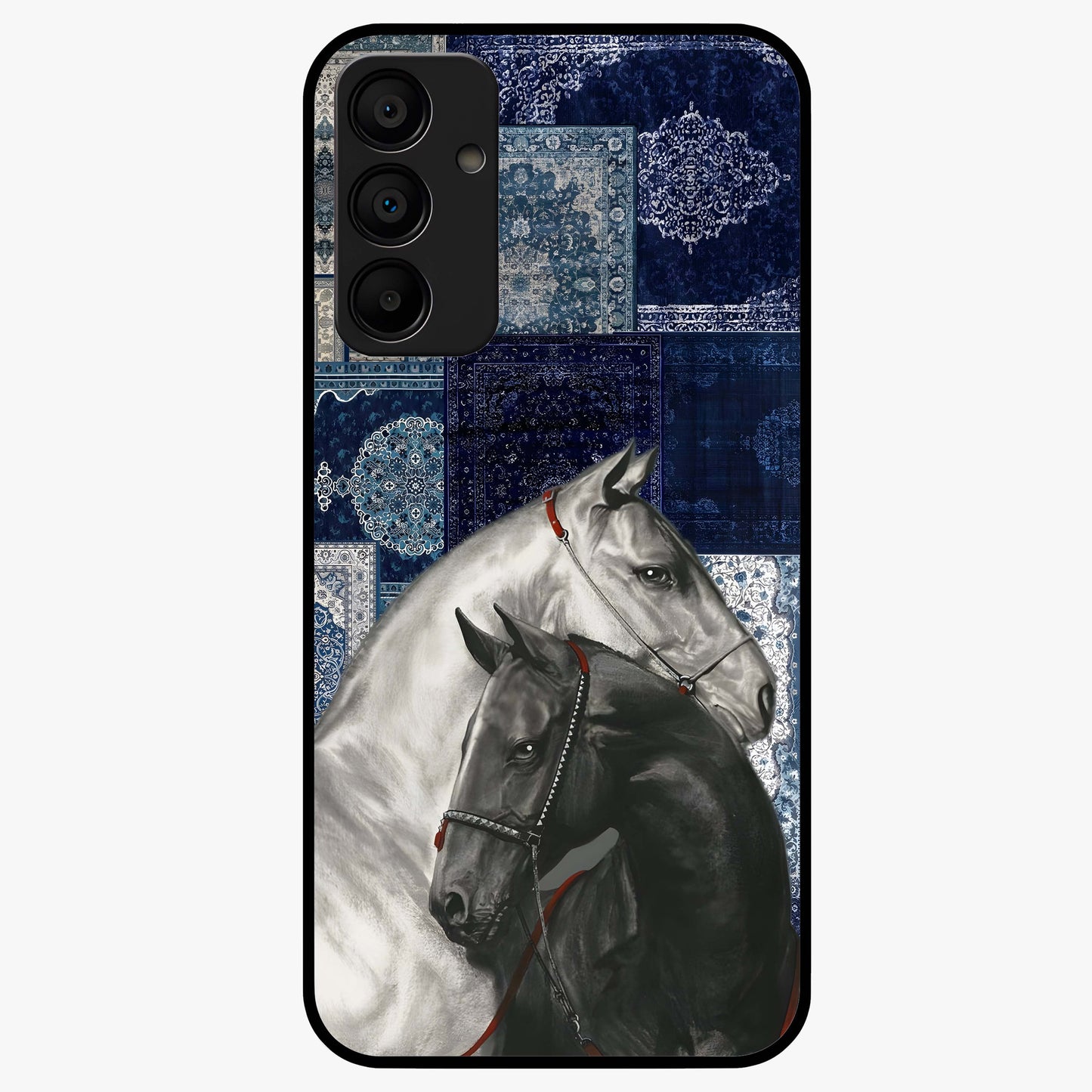 Midnight Stallion Blues Glass Case showing flat back view with majestic horse artwork and glossy glass finish.