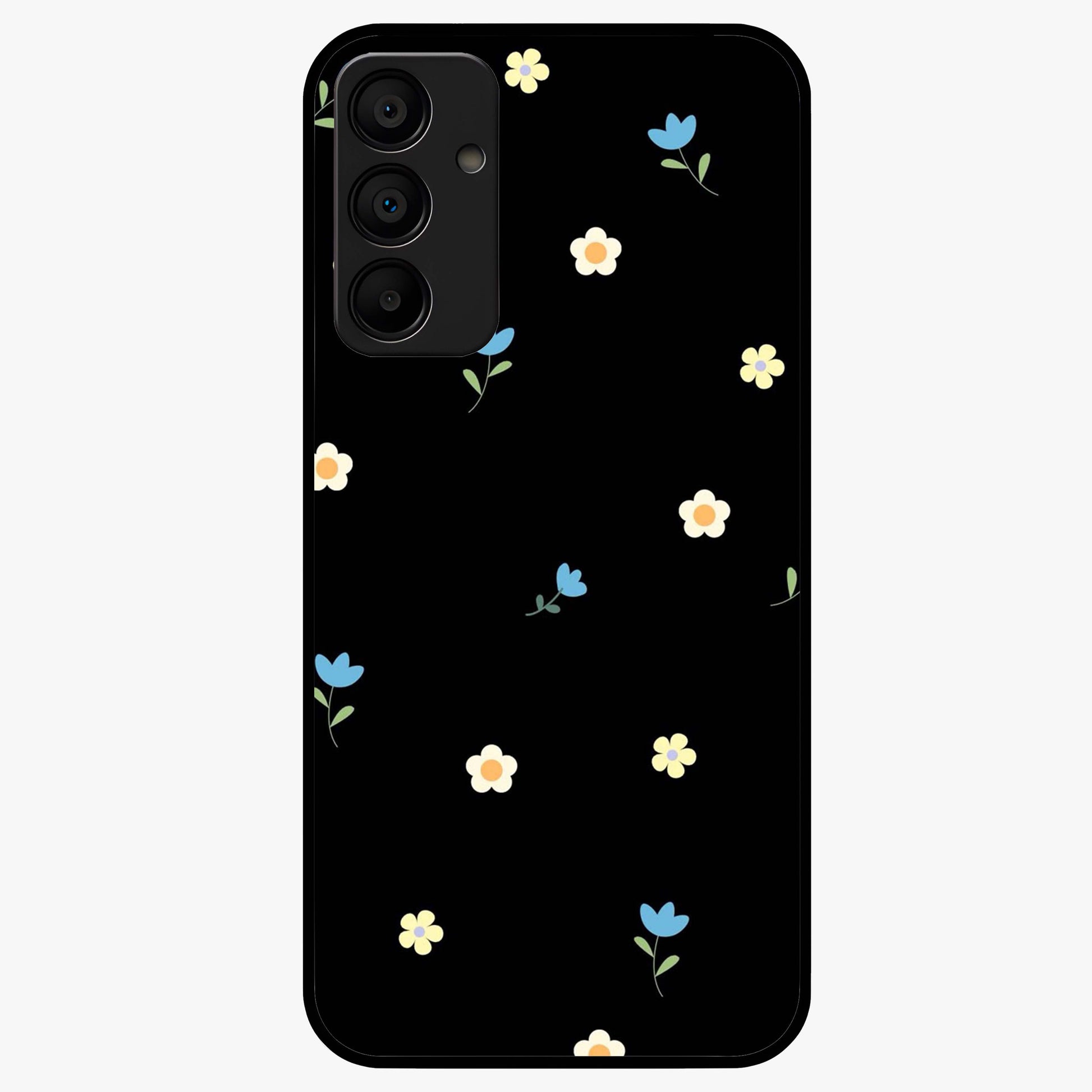 Minimalistic Blue With White Flower Pattern Glass Case showing flat back view with blue background and white flower pattern and glossy glass finish.