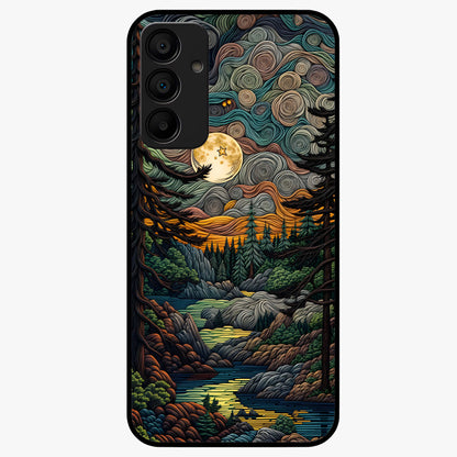 Moonlight Forest Dream Glass Case showing flat back view with mystical forest moonlight artwork and glossy glass finish.