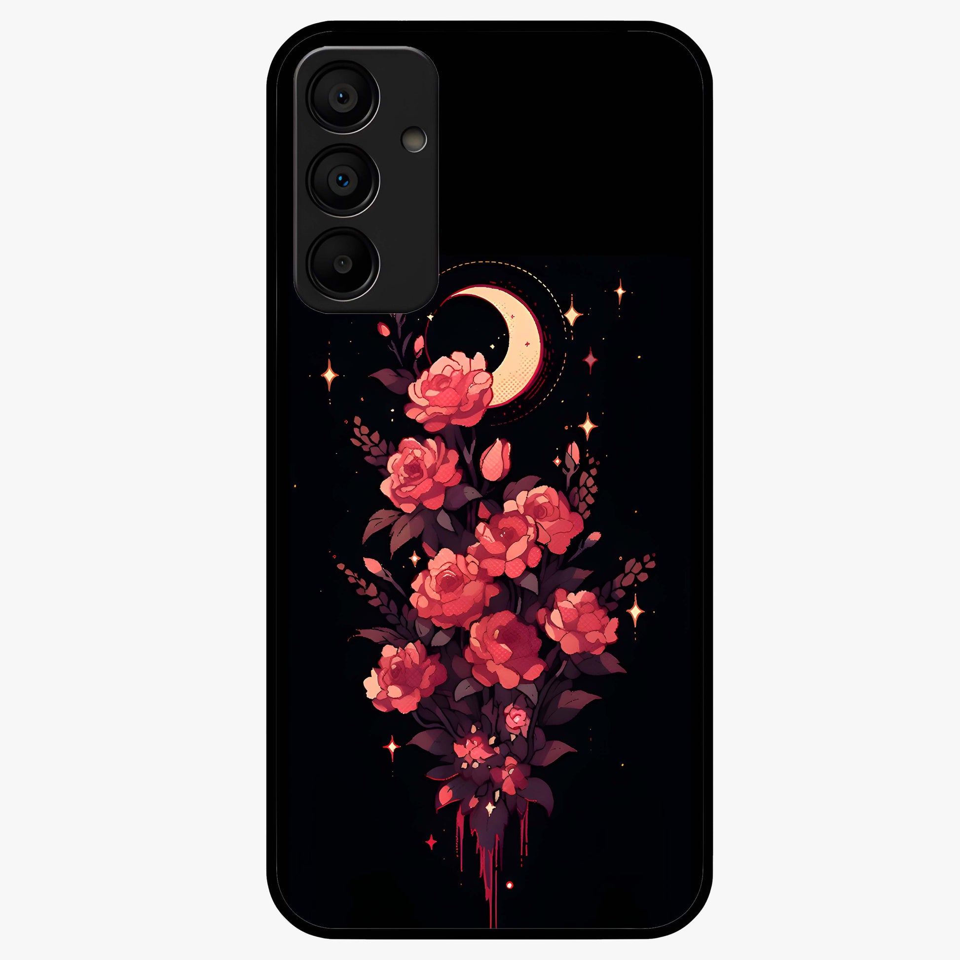 Moonlit Floral Elegance Glass Case showing flat back view with elegant floral artwork under moonlit tones and glossy glass finish.