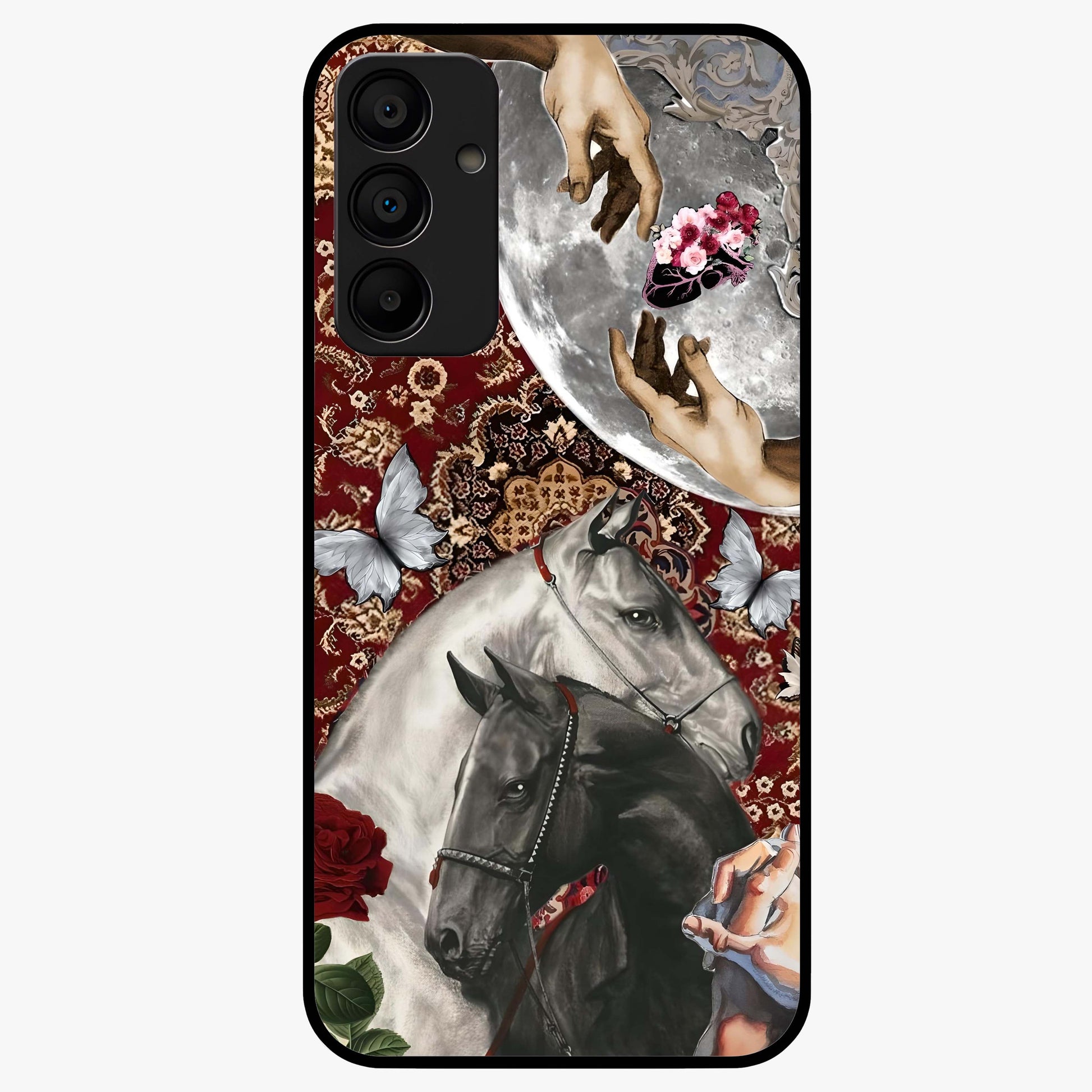 Moonlit Royal Stallion Glass Case showing flat back view with majestic horse under moonlight artwork and glossy glass finish.