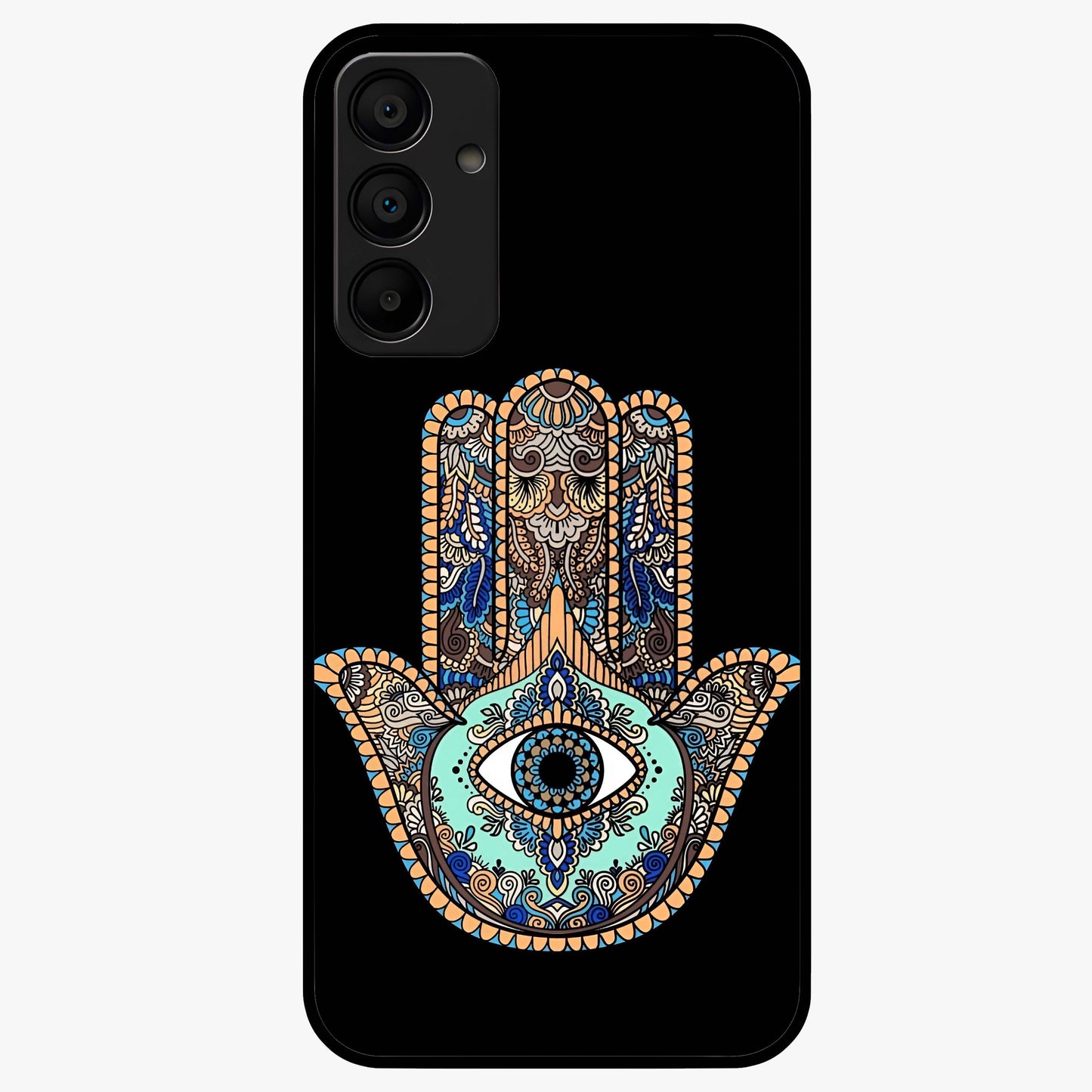 Mystic Hamsa Eye Glass Case showing flat back view with protective hamsa hand and evil eye artwork and glossy glass finish.
