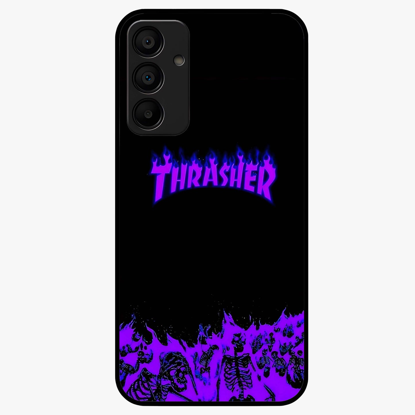 Neon Flame Riot Glass Case showing flat back view with neon flame artwork and glossy glass finish.