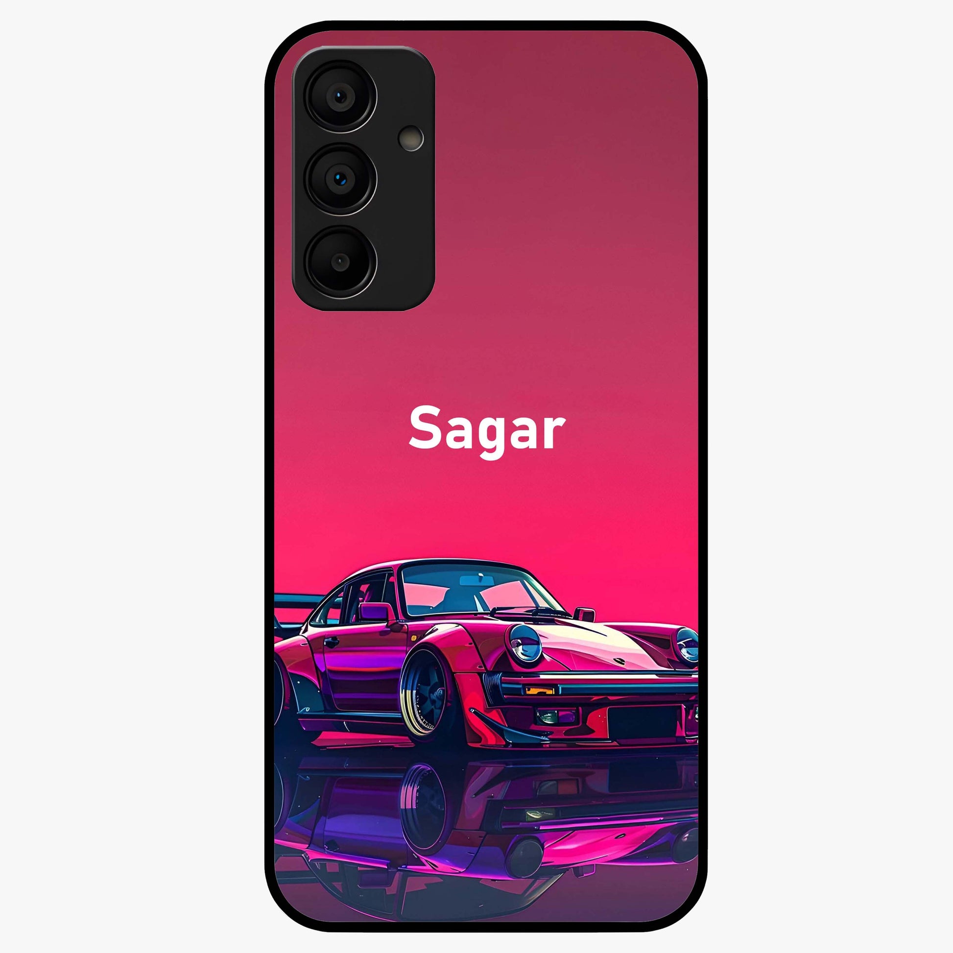 Neon Pink Porsche Glass Case showing flat back view with stylish sports car artwork and glossy glass finish.
