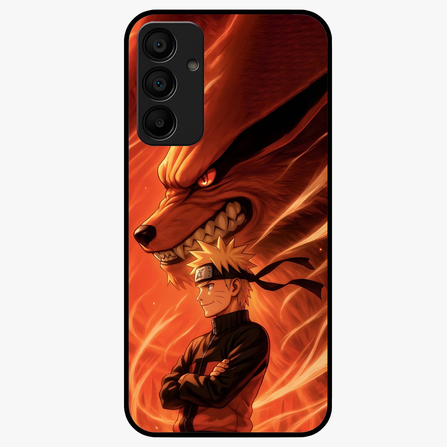 Nine Tails Legacy Glass Case showing flat back view with powerful nine-tailed fox inspired artwork and glossy glass finish.