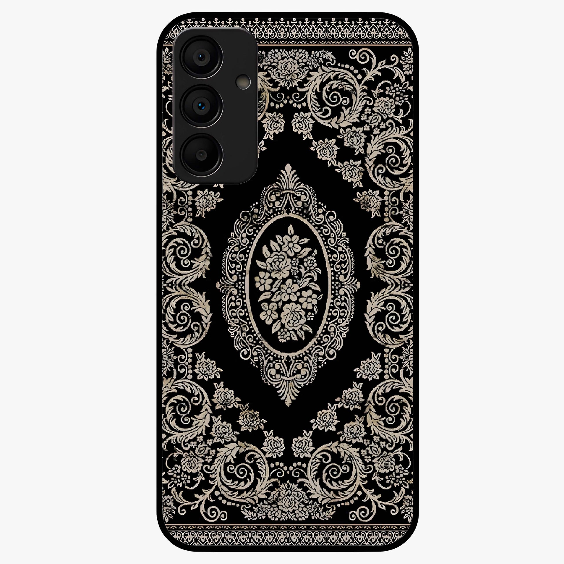 Noir Bloom Elegance Glass Case showing flat back view with elegant dark floral artwork and glossy glass finish.