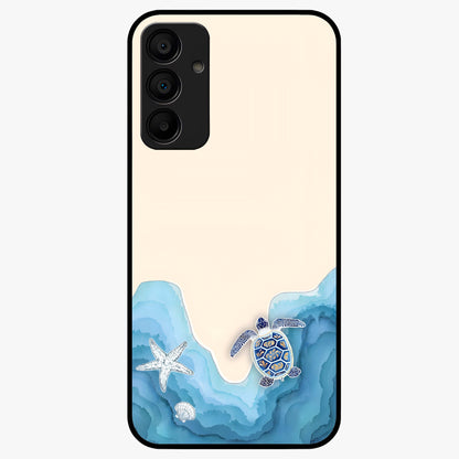 Ocean Drift Turtle Glass Case showing flat back view with sea turtle artwork and glossy glass finish.