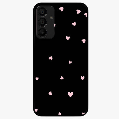 Pink Love Drops Glass Case showing flat back view with playful pink heart drops artwork and glossy glass finish.