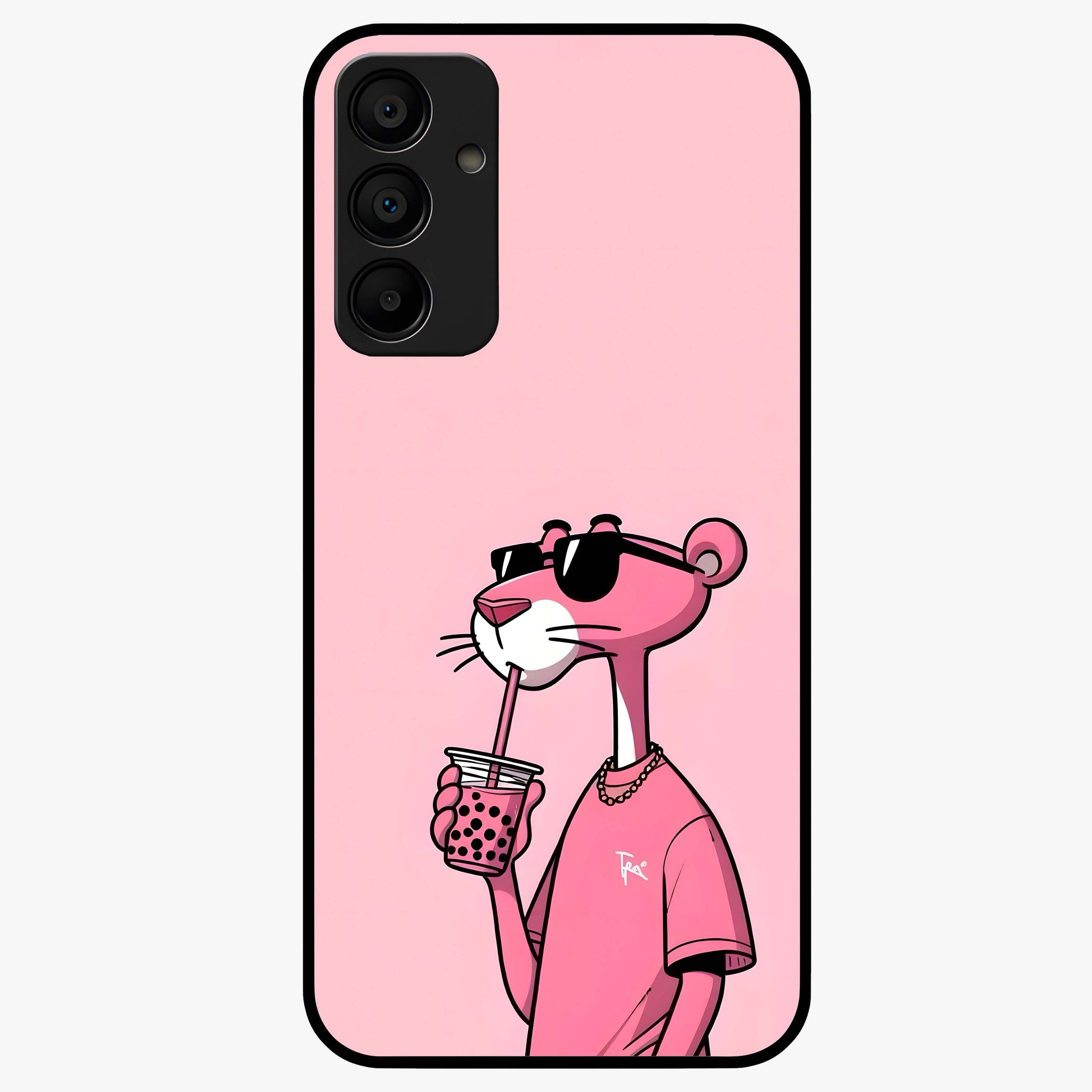 Pink Panther Glass Case showing flat back view with iconic pink panther artwork and glossy glass finish.