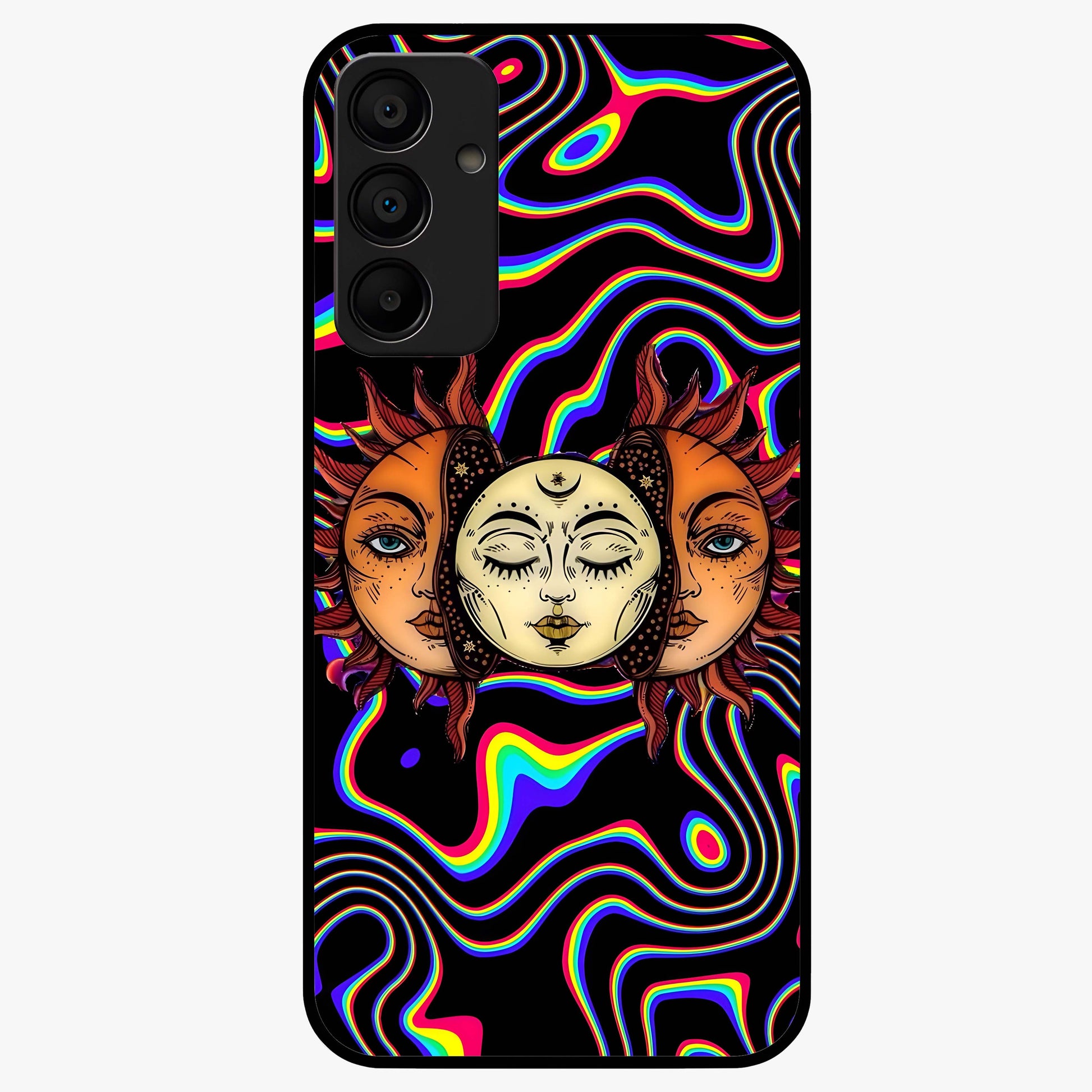 Psychedelic Sun Glass Case showing flat back view with colorful psychedelic sun artwork and glossy glass finish.