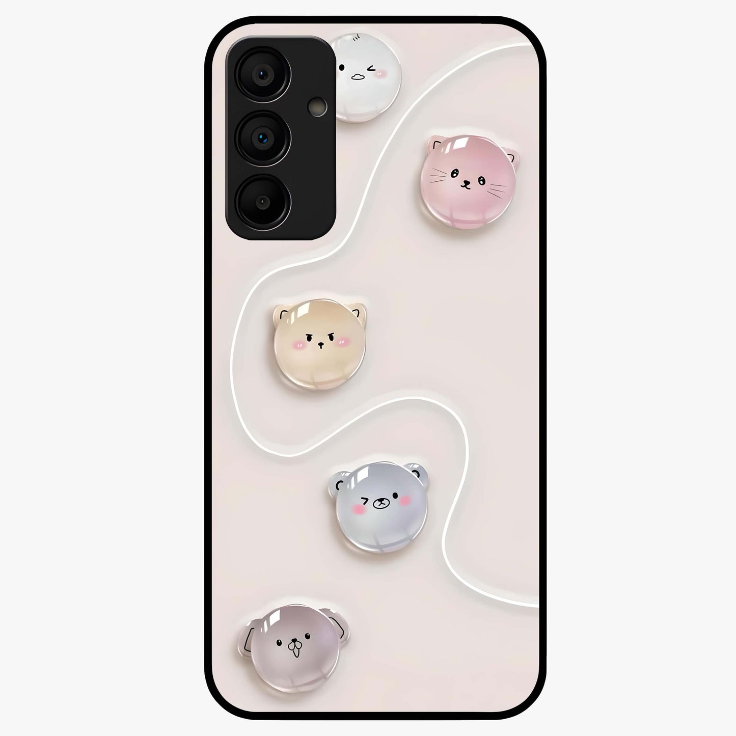 Puffy Face Parade Glass Case showing flat back view with cute puffy character faces artwork and glossy glass finish.