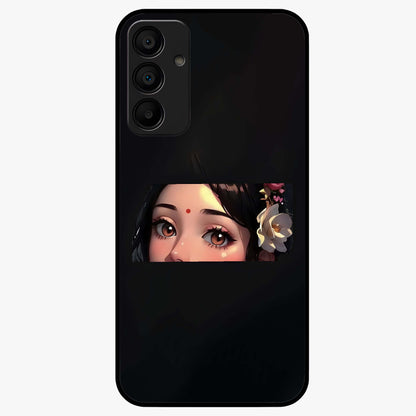 Radha Divine Embrace Glass Case showing flat back view with devotional Radha artwork and glossy glass finish.