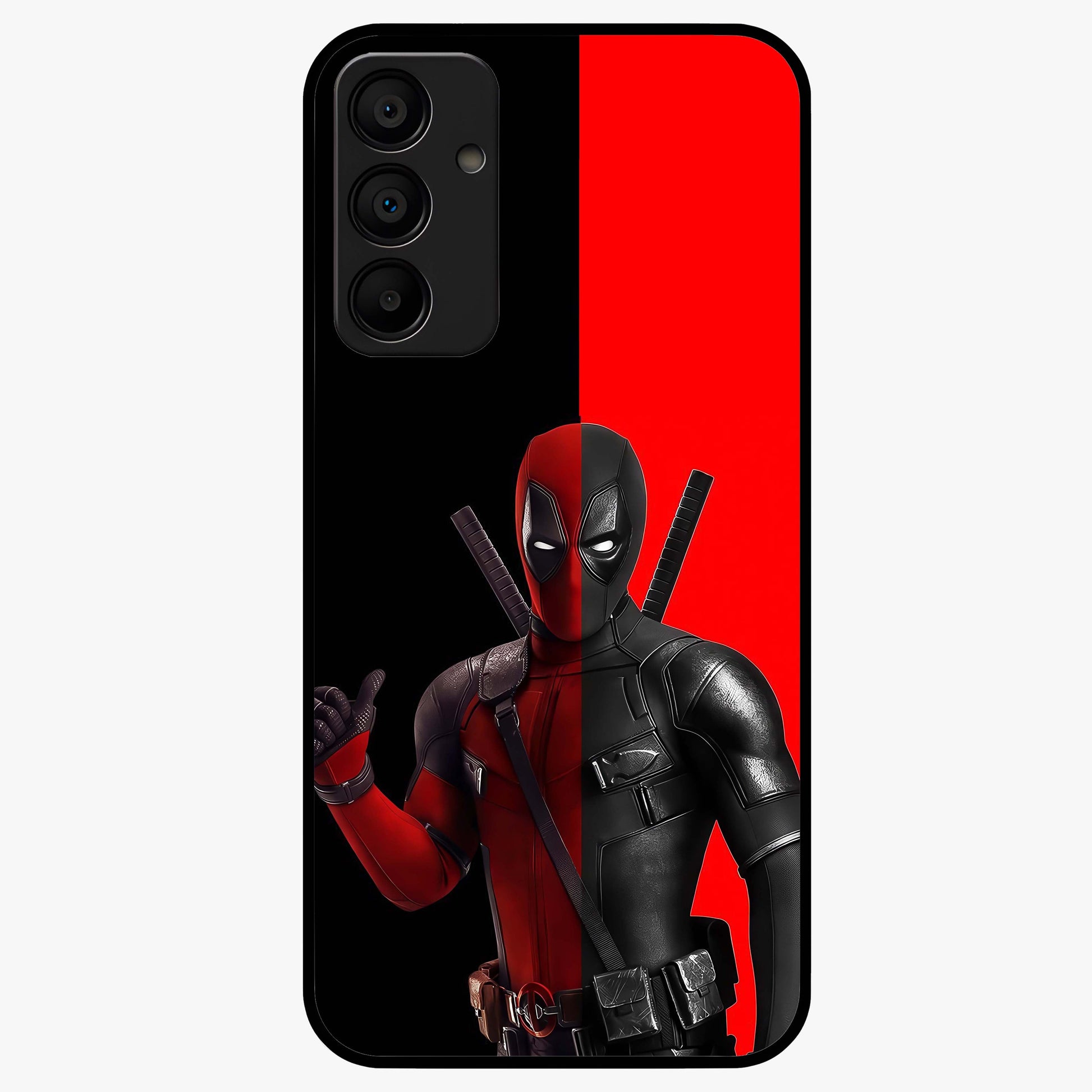 Red & Black Deadpool Theme Glass Case showing flat back view with bold comic inspired artwork and glossy glass finish.