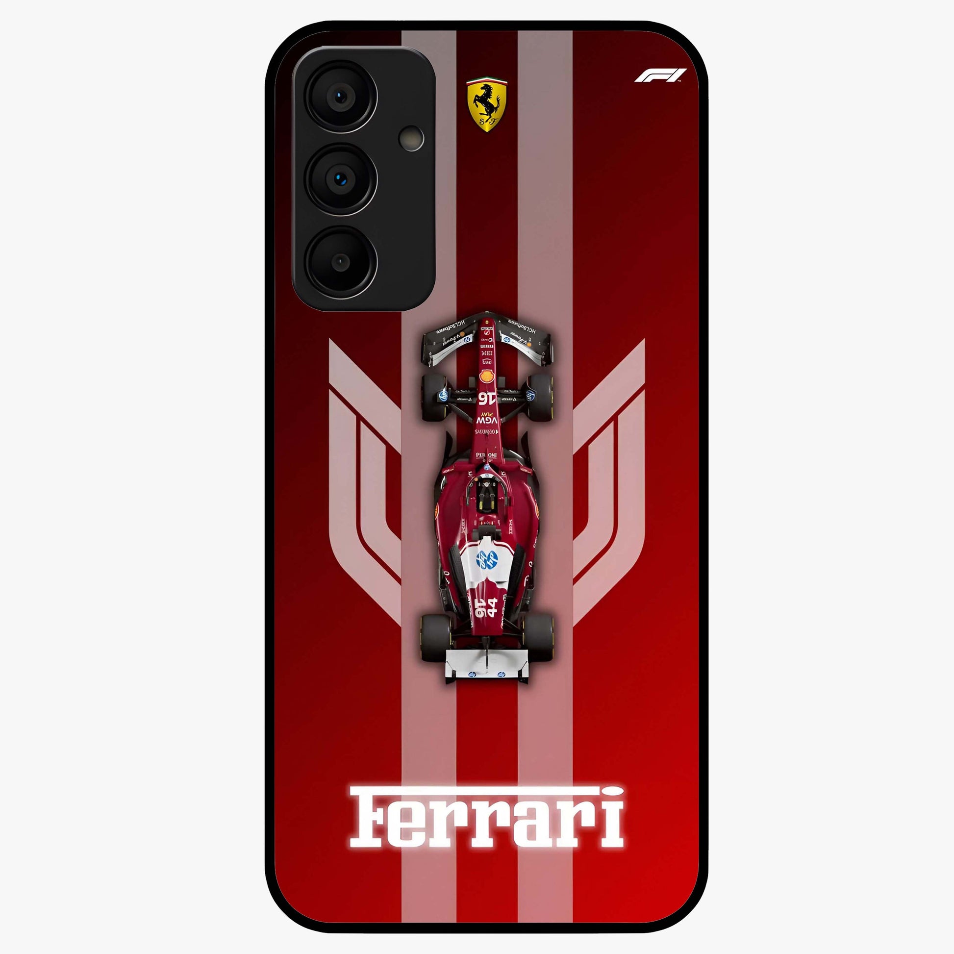 Red Ferrari F1 Vertical Glass Case showing flat back view with sleek Formula racing car artwork and glossy glass finish.