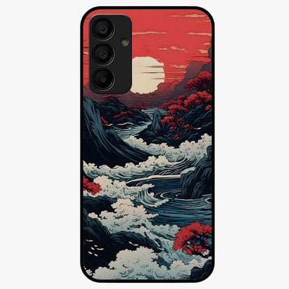 Red Sunset Scenery Glass Case showing flat back view with vibrant sunset landscape artwork and glossy glass finish.