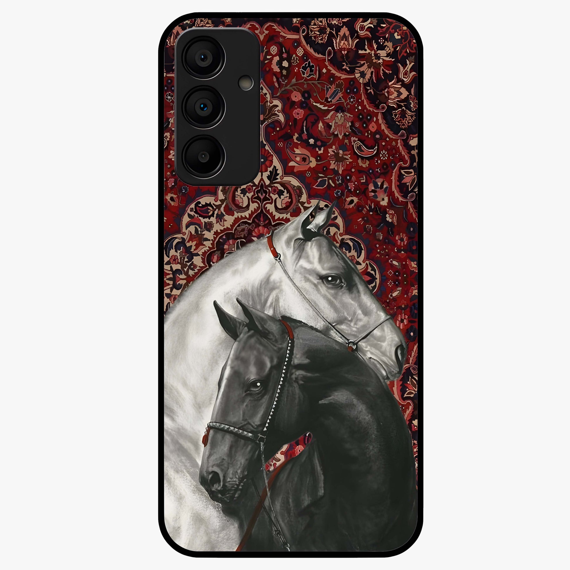 Regal Stallion Tapestry Glass Case showing flat back view with majestic horse tapestry artwork and glossy glass finish.