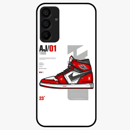 Retro Sneaker Blueprint Glass Case showing flat back view with sneaker blueprint style artwork and glossy glass finish.