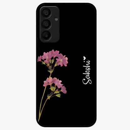 Riching Lavender Flower Custom Name Glass Case showing flat back view with lavender floral artwork and personalized name design.