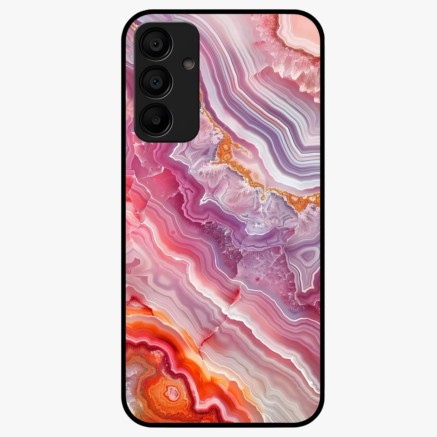 Rose Quartz Marble Glass Case showing flat back view with pink marble quartz texture artwork and glossy glass finish.