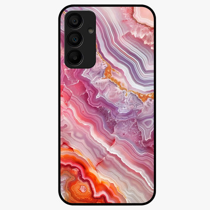 Rose Quartz Marble Glass Case showing flat back view with pink marble quartz texture artwork and glossy glass finish.