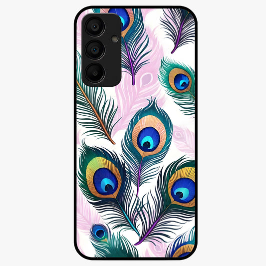 Royal Peacock Feathers Glass Case showing flat back view with colorful peacock feather artwork and glossy glass finish.