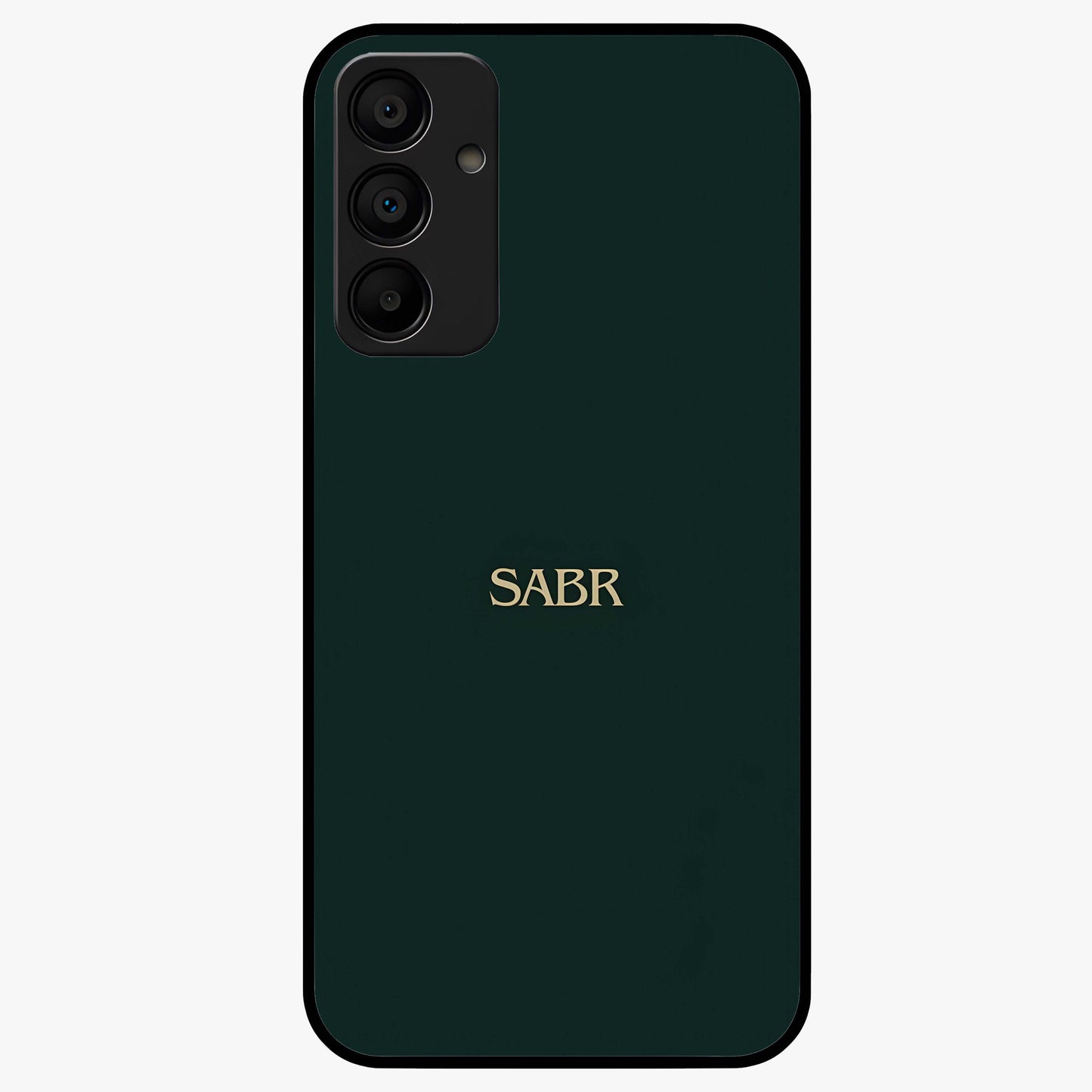 Sabr Minimal Patience Glass Case showing flat back view with minimalist typography artwork and glossy glass finish.