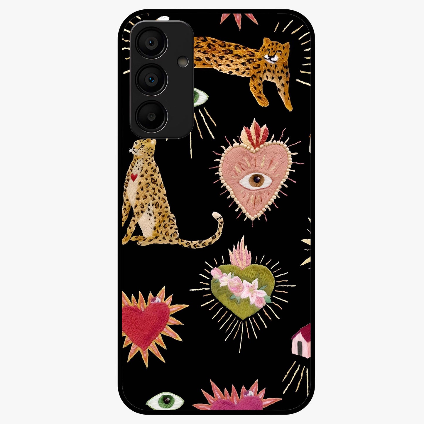 Sacred Jungle Heart Glass Case showing flat back view with jungle inspired heart artwork and glossy glass finish.