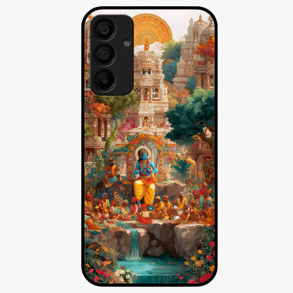 Sacred Sunlight Gods Glass Case showing flat back view with divine sunlight themed artwork and glossy glass finish.