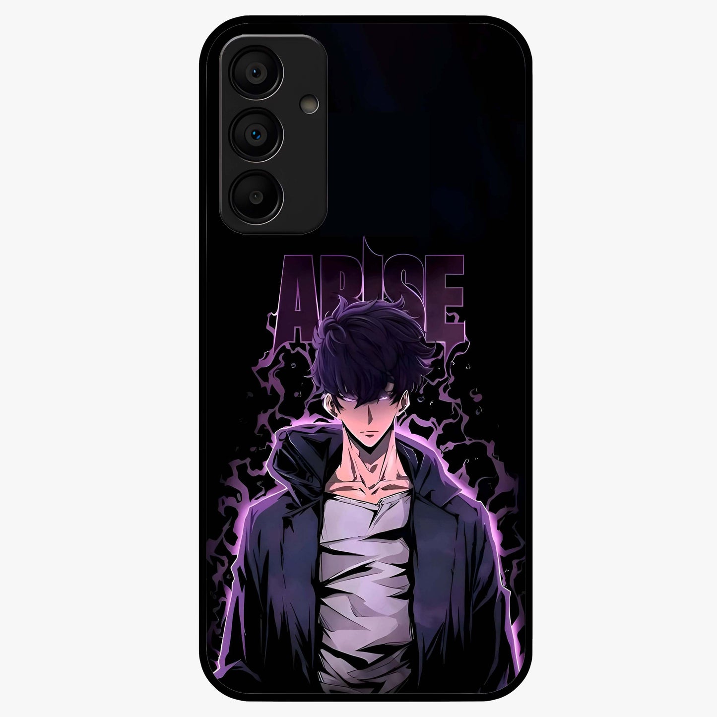 Shadow Monarch Awakening Glass Case showing flat back view with powerful dark monarch themed artwork and glossy glass finish.