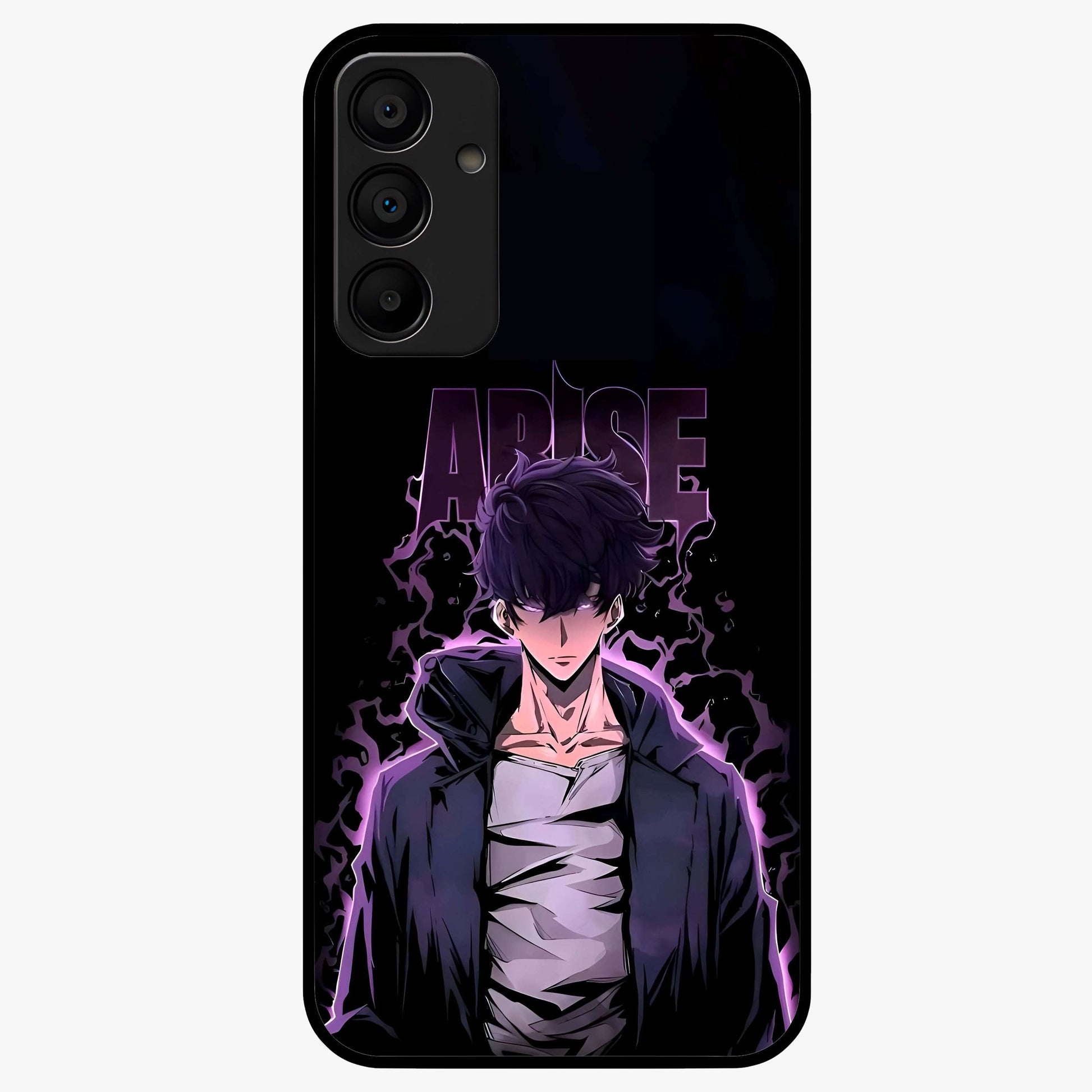 Shadow Monarch Awakening Glass Case showing flat back view with powerful dark monarch themed artwork and glossy glass finish.