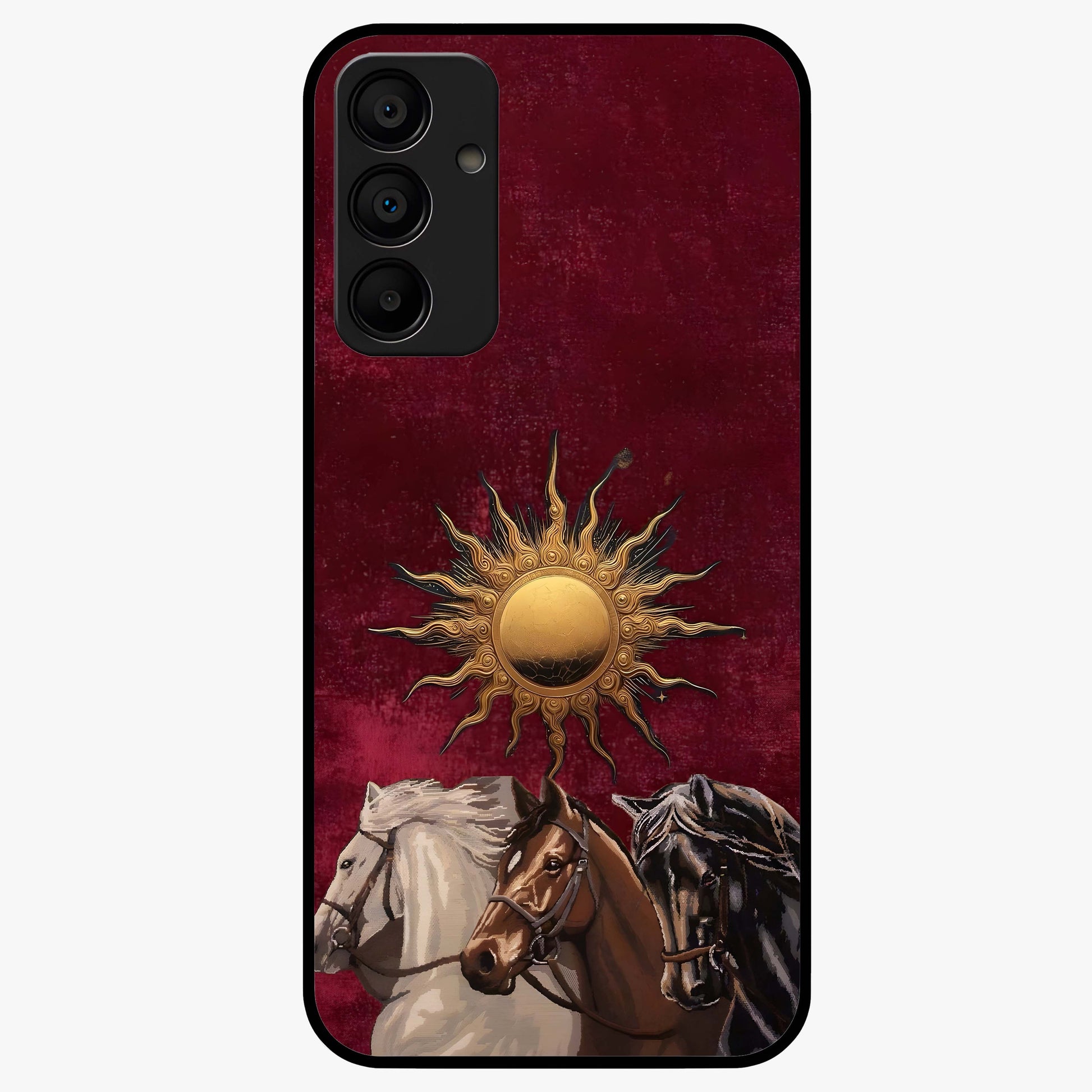 Solar Riders Glass Case showing flat back view with dynamic rider themed artwork and glossy glass finish.