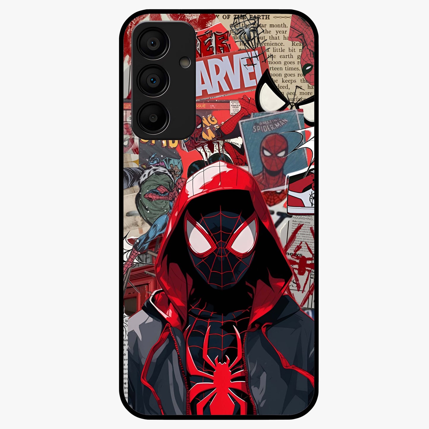 Spider Collage Street Glass Case showing flat back view with vibrant superhero collage artwork and glossy glass finish.
