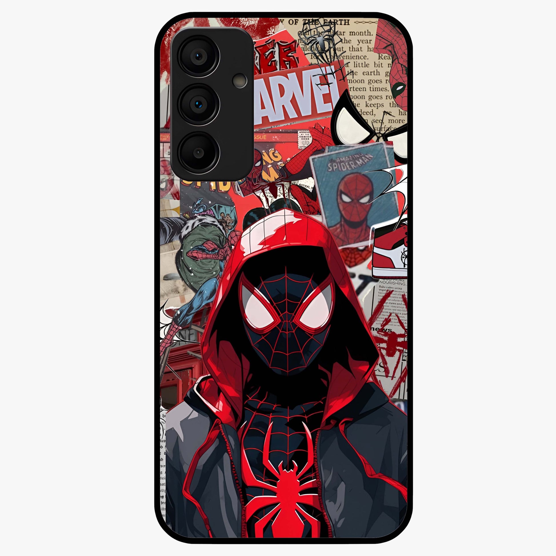 Spider Collage Street Glass Case showing flat back view with vibrant superhero collage artwork and glossy glass finish.