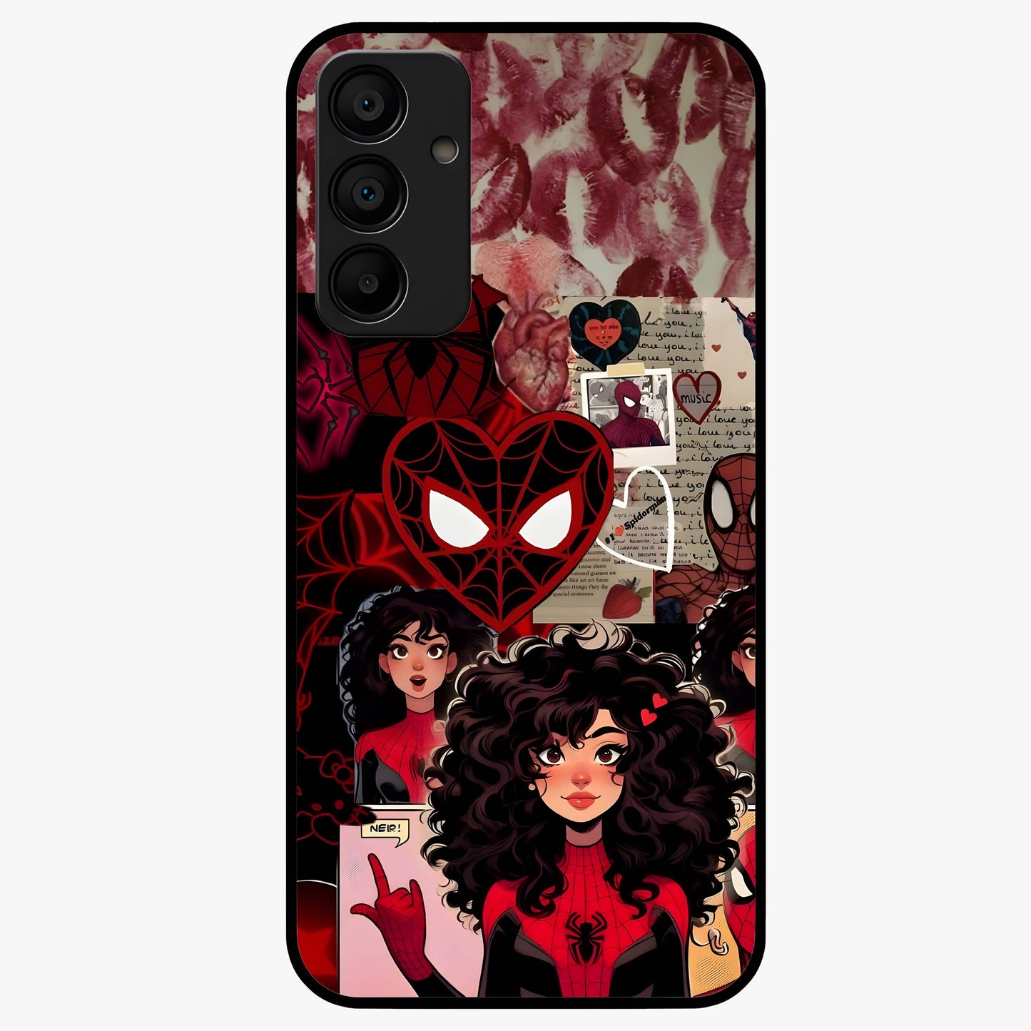 Spider Love Story Glass Case showing flat back view with romantic superhero themed artwork and glossy glass finish.
