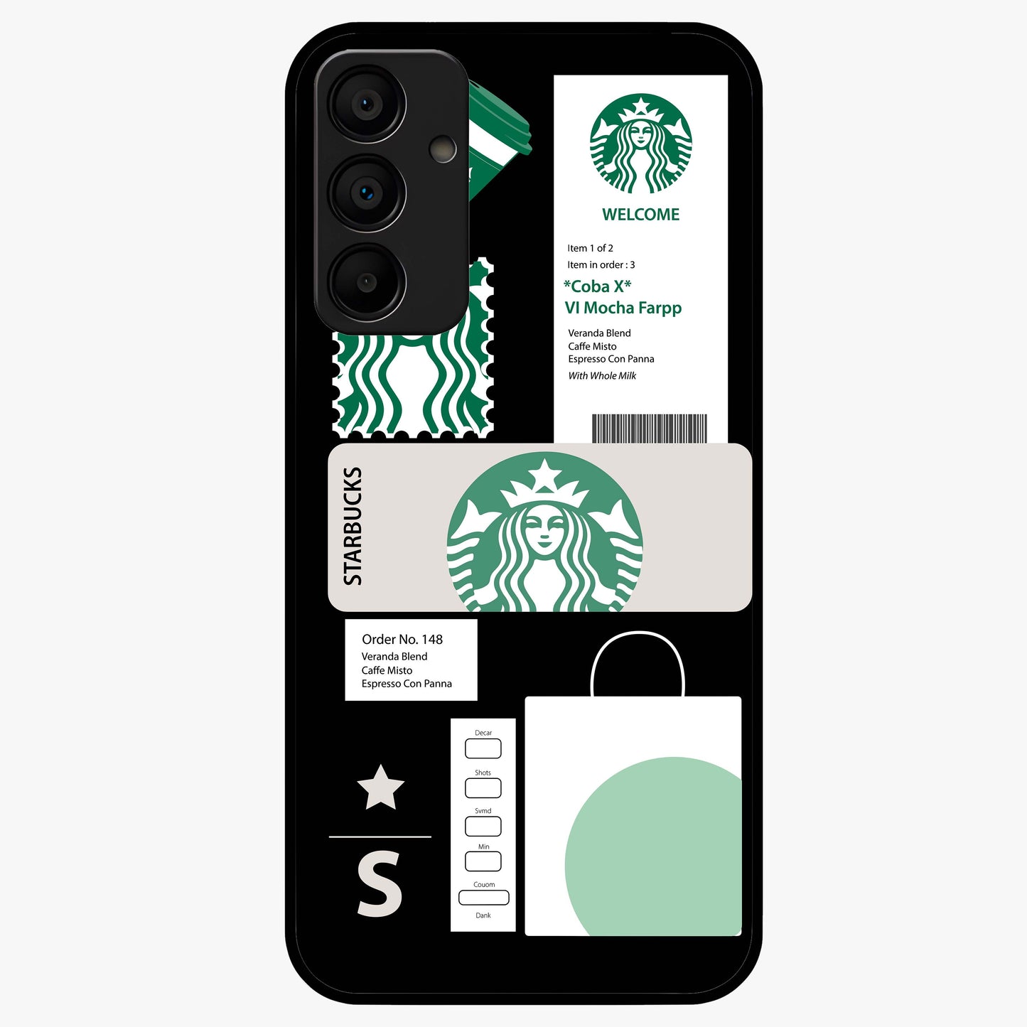 Starbucks Mocha Glass Case showing flat back view with coffee inspired artwork and glossy glass finish.