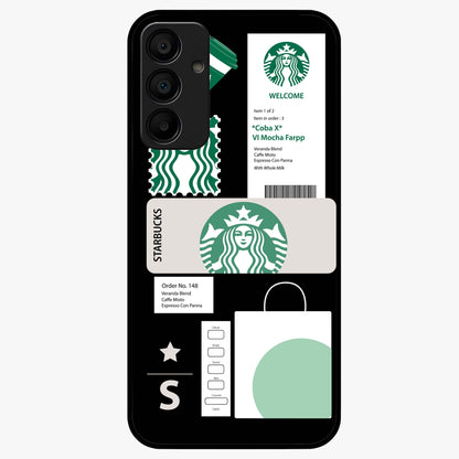 Starbucks Mocha Glass Case showing flat back view with coffee inspired artwork and glossy glass finish.