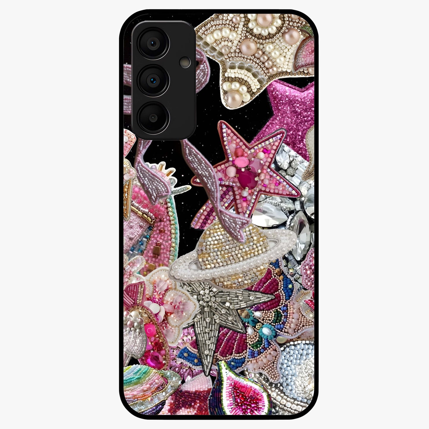 Starlit Jewel Dream Glass Case showing flat back view with sparkling jewel and star themed artwork and glossy glass finish.