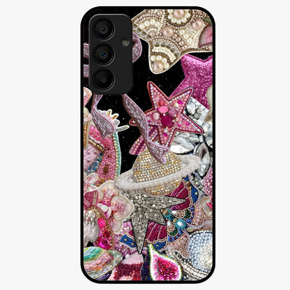 Starlit Jewel Dream Glass Case showing flat back view with sparkling jewel and star themed artwork and glossy glass finish.