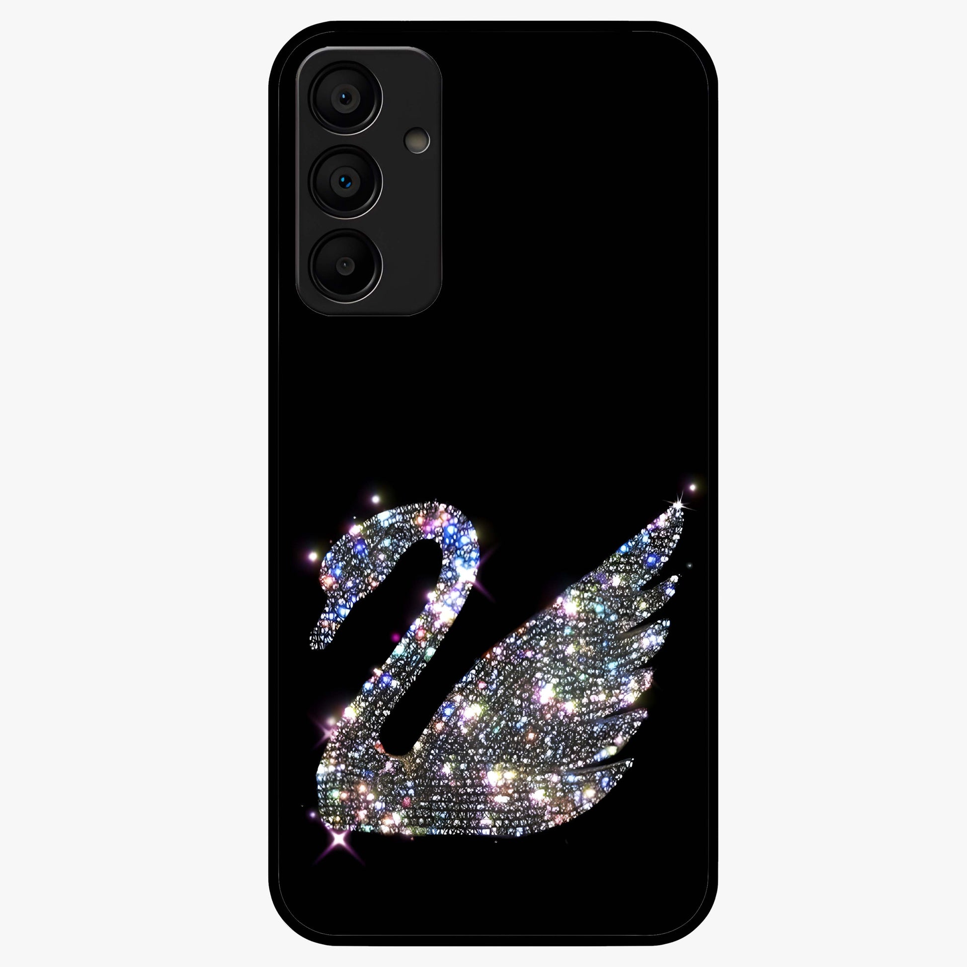 Starlit Swan Grace Glass Case showing flat back view with graceful swan artwork under starry sky and glossy glass finish.