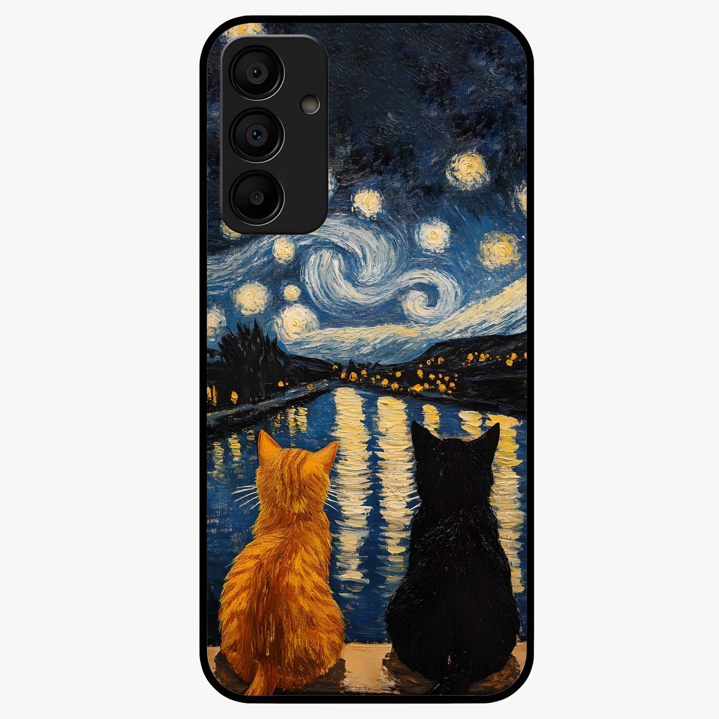 Starry River Cats Glass Case showing flat back view with cats by a starry river artwork and glossy glass finish.