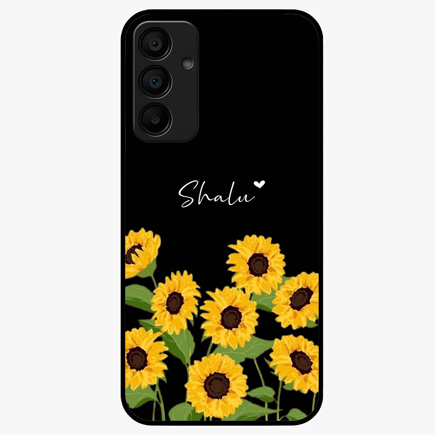 Sunflower Chic Mood Custom Name Glass Case showing flat back view with stylish sunflower artwork and personalized name design.