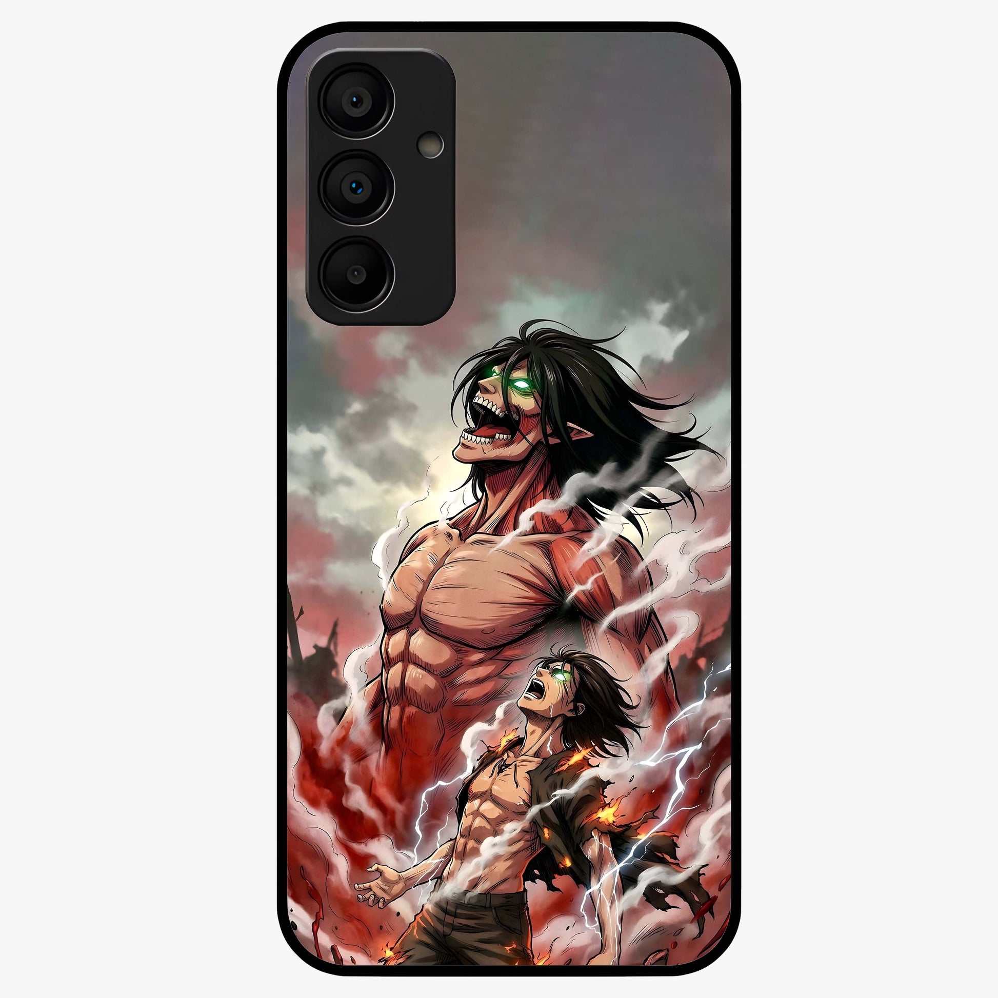 Titan Awakening Fury Glass Case showing flat back view with powerful titan inspired artwork and glossy glass finish.