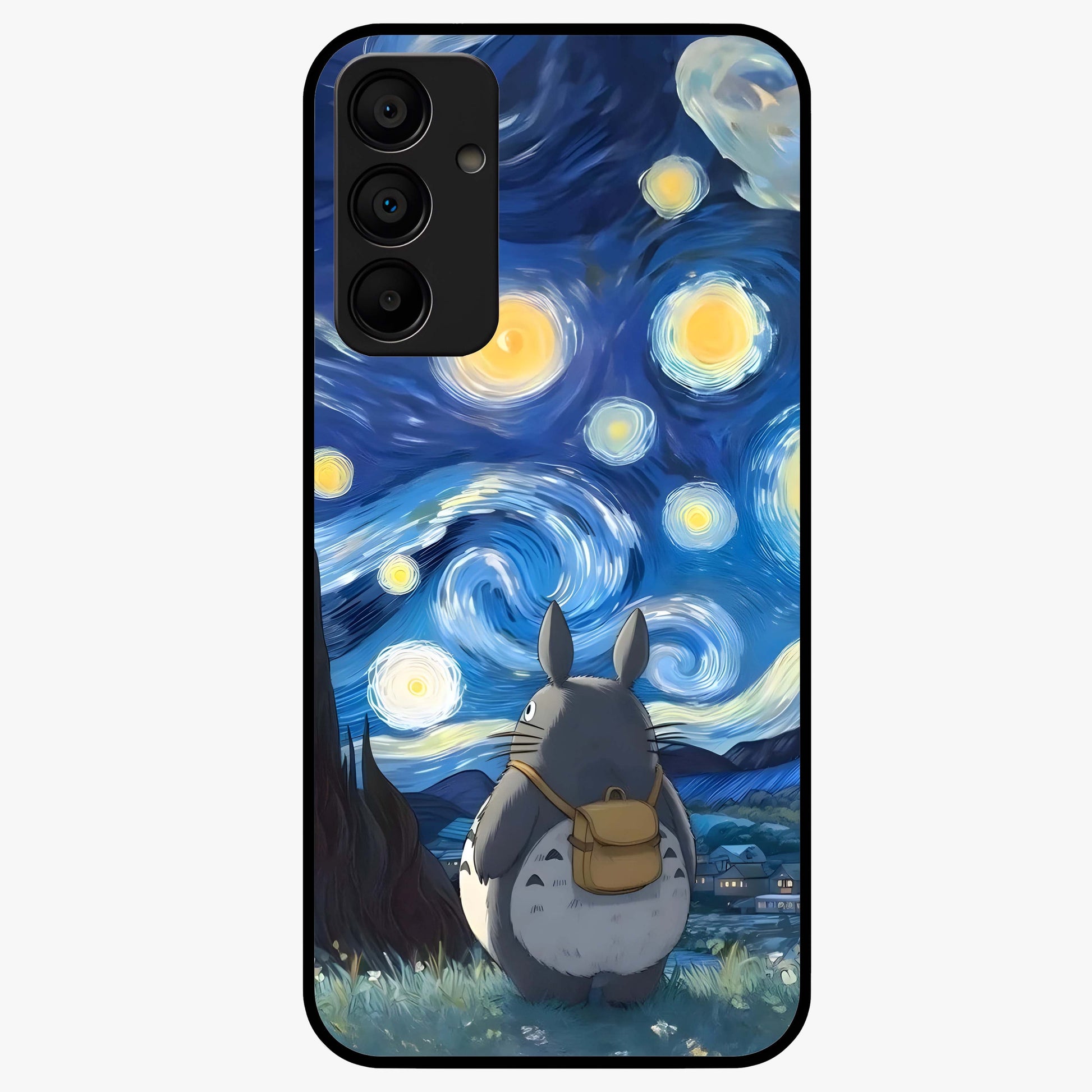 Totoro In Van Gogh Art Glass Case showing flat back view with whimsical character artwork inspired by Van Gogh style and glossy glass finish.