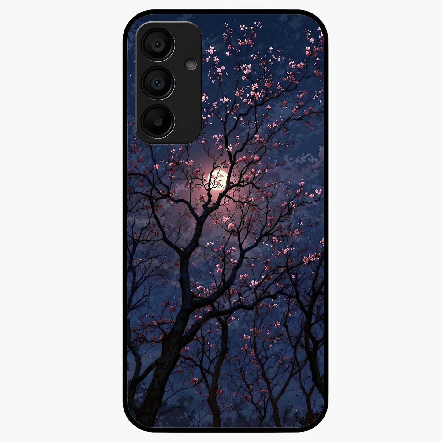 Twilight Sakura Serenade Glass Case showing flat back view with cherry blossom artwork at twilight and glossy glass finish.